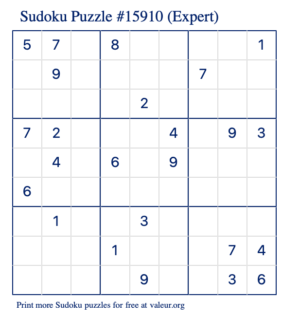 Free Printable Expert Sudoku Puzzle number 15910