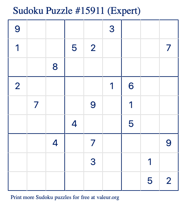 Free Printable Expert Sudoku Puzzle number 15911