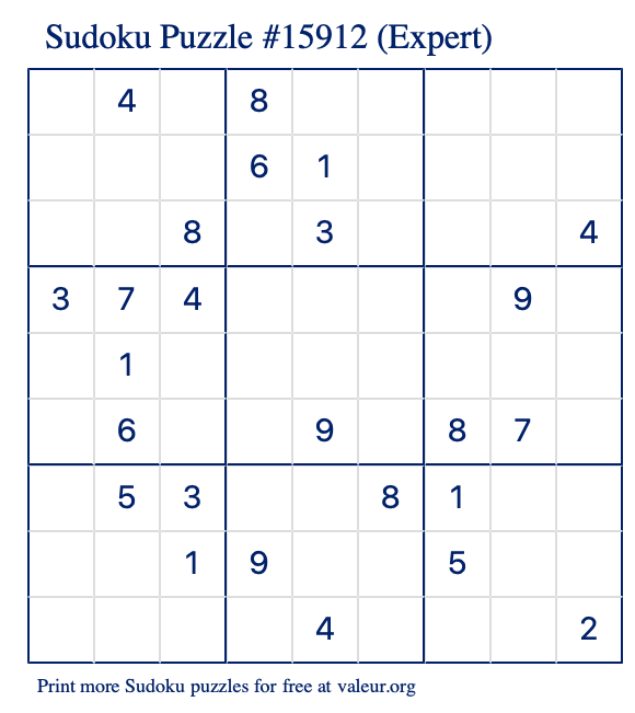 Free Printable Expert Sudoku Puzzle number 15912