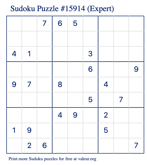 Free Printable Expert Sudoku Puzzle number 15914