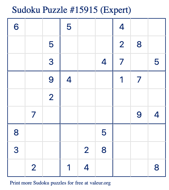 Free Printable Expert Sudoku Puzzle number 15915