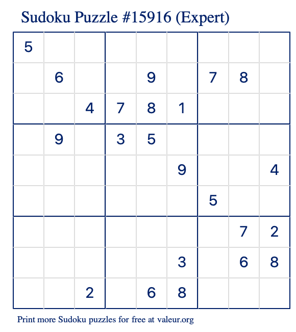 Free Printable Expert Sudoku Puzzle number 15916