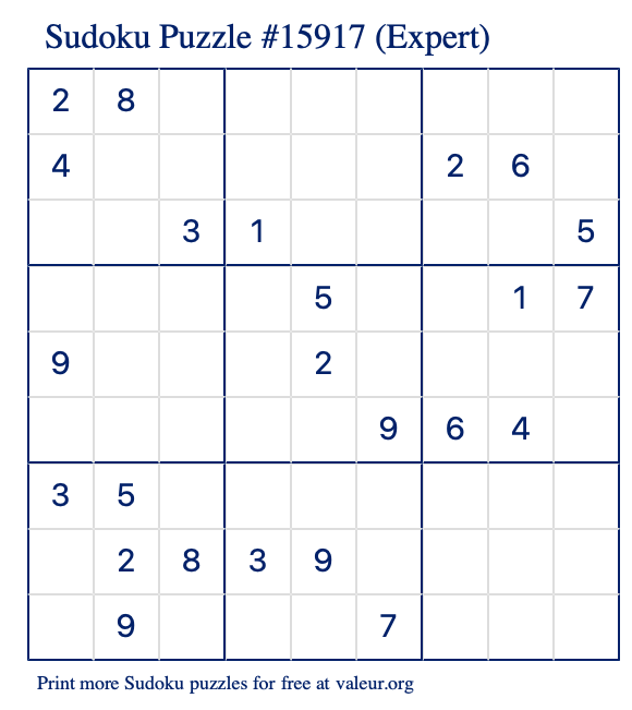 Free Printable Expert Sudoku Puzzle number 15917