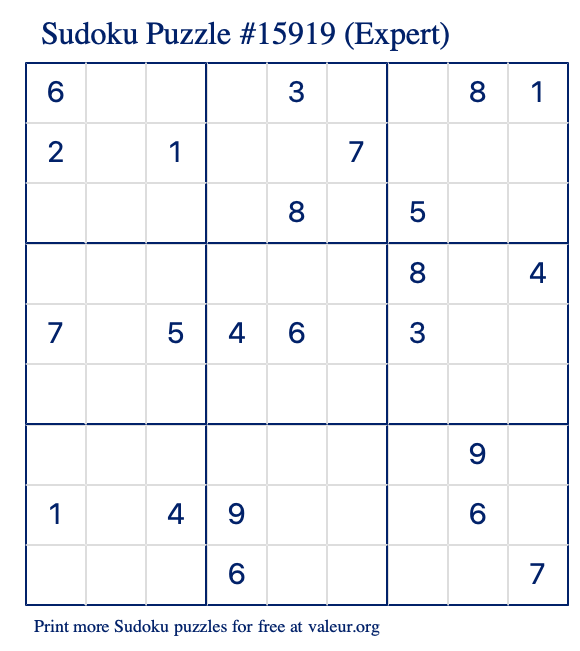 Free Printable Expert Sudoku Puzzle number 15919