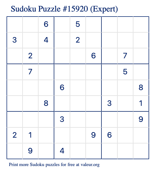 Free Printable Expert Sudoku Puzzle number 15920