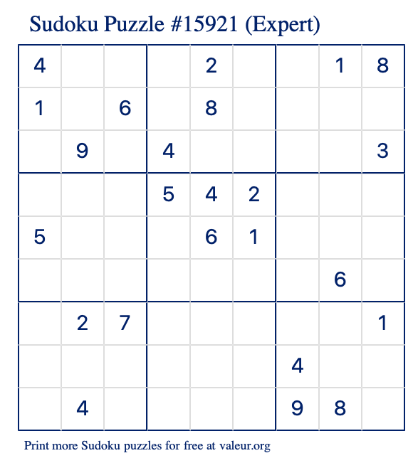 Free Printable Expert Sudoku Puzzle number 15921