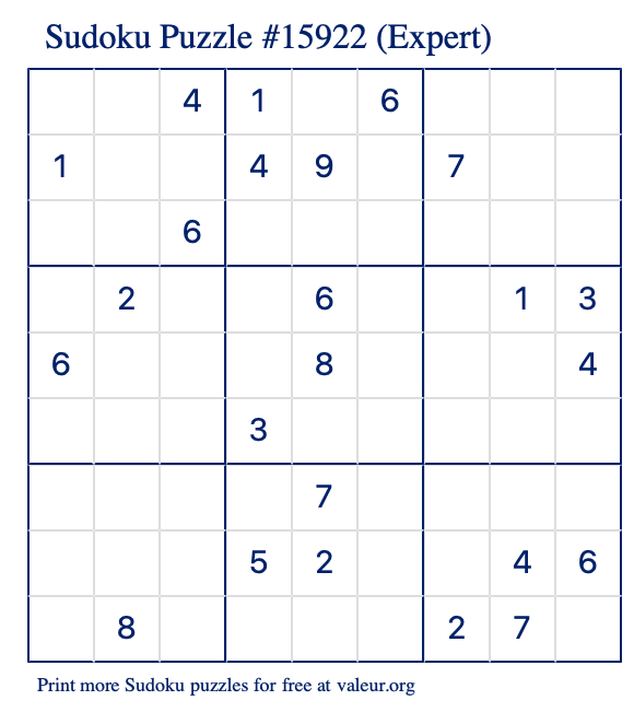 Free Printable Expert Sudoku Puzzle number 15922