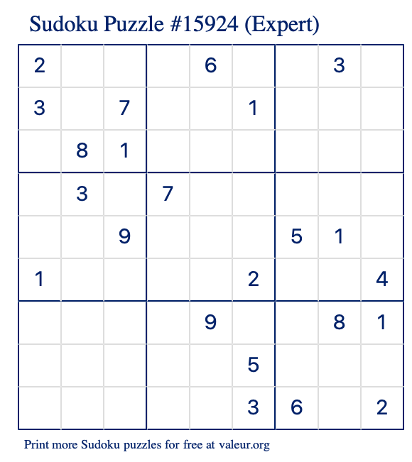 Free Printable Expert Sudoku Puzzle number 15924