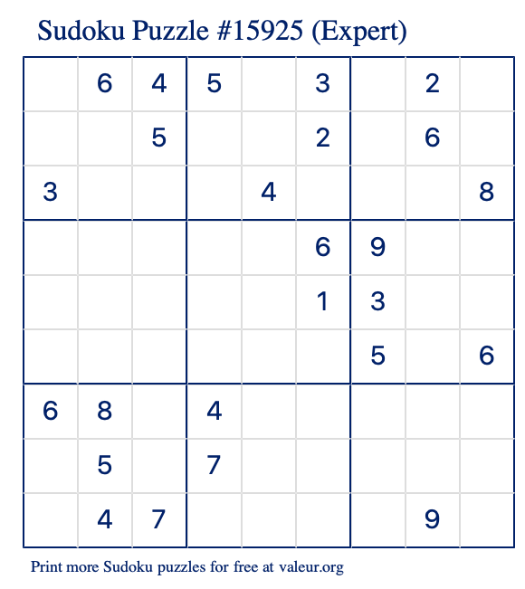 Free Printable Expert Sudoku Puzzle number 15925