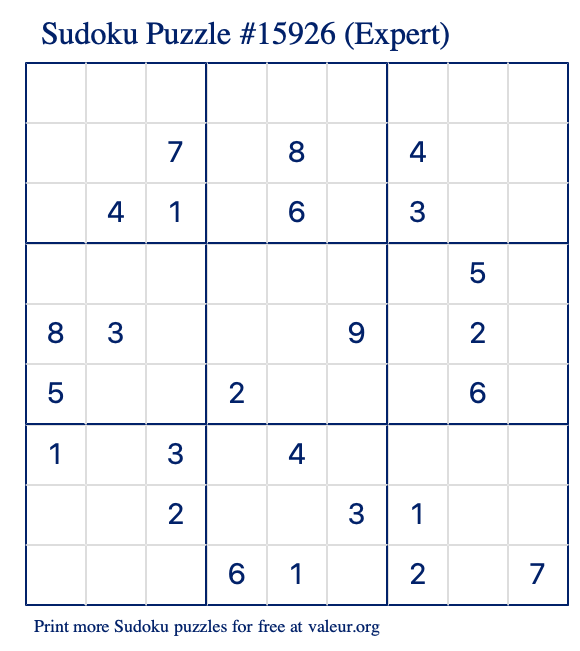 Free Printable Expert Sudoku Puzzle number 15926