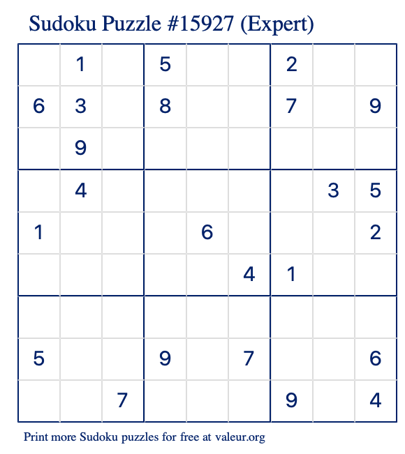 Free Printable Expert Sudoku Puzzle number 15927