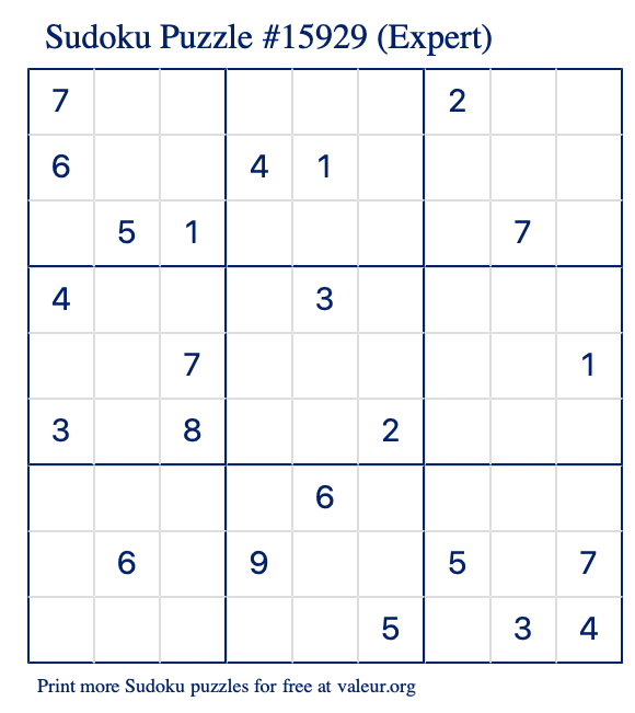 Free Printable Expert Sudoku Puzzle number 15929