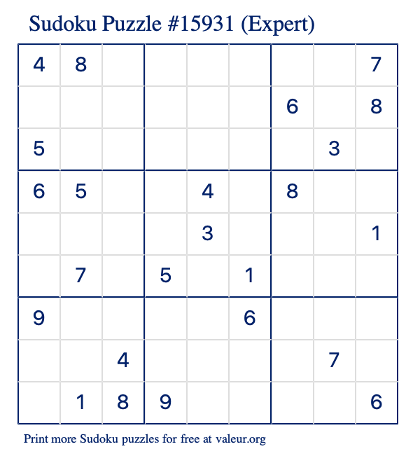 Free Printable Expert Sudoku Puzzle number 15931