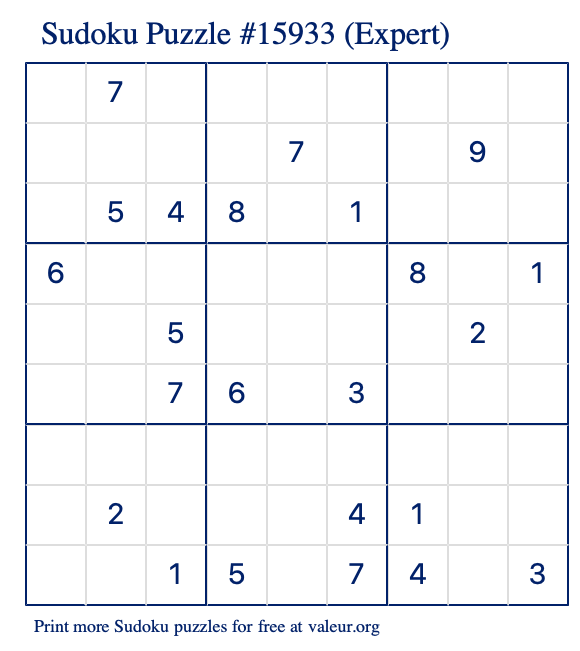 Free Printable Expert Sudoku Puzzle number 15933
