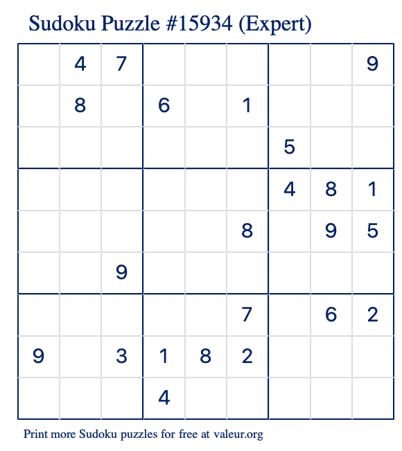 Free Printable Expert Sudoku Puzzle number 15934
