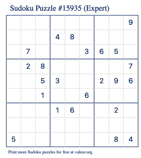 Free Printable Expert Sudoku Puzzle number 15935