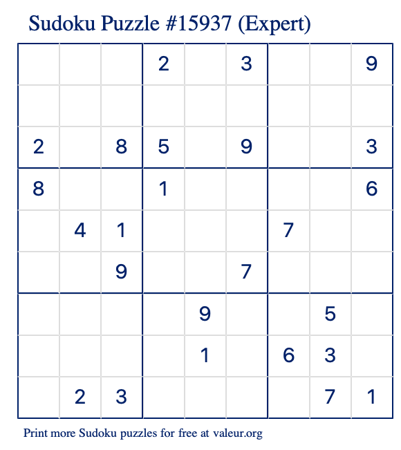 Free Printable Expert Sudoku Puzzle number 15937