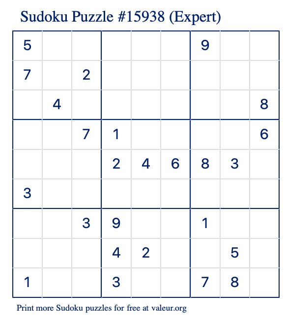 Free Printable Expert Sudoku Puzzle number 15938
