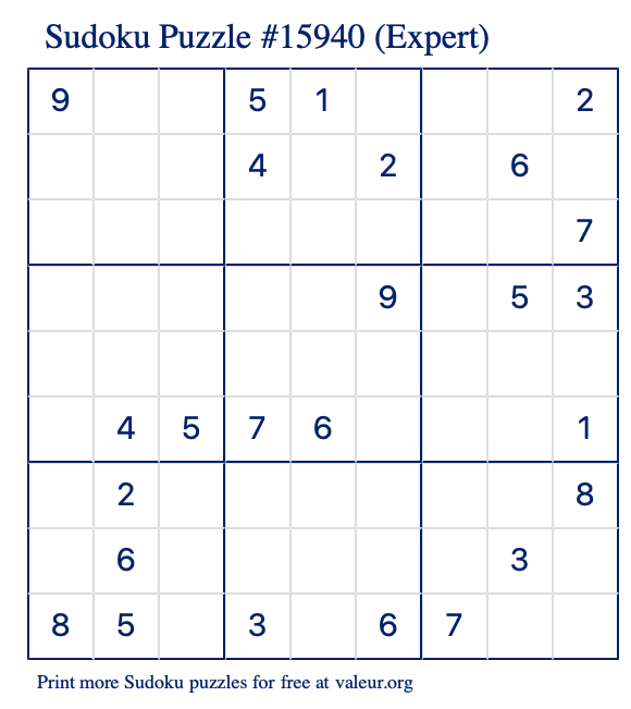 Free Printable Expert Sudoku Puzzle number 15940