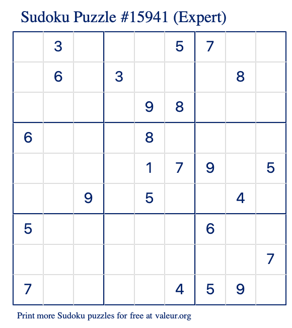 Free Printable Expert Sudoku Puzzle number 15941
