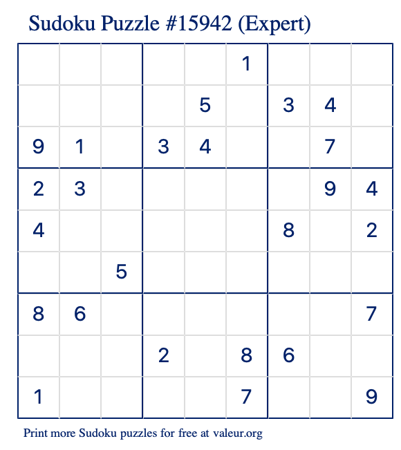 Free Printable Expert Sudoku Puzzle number 15942
