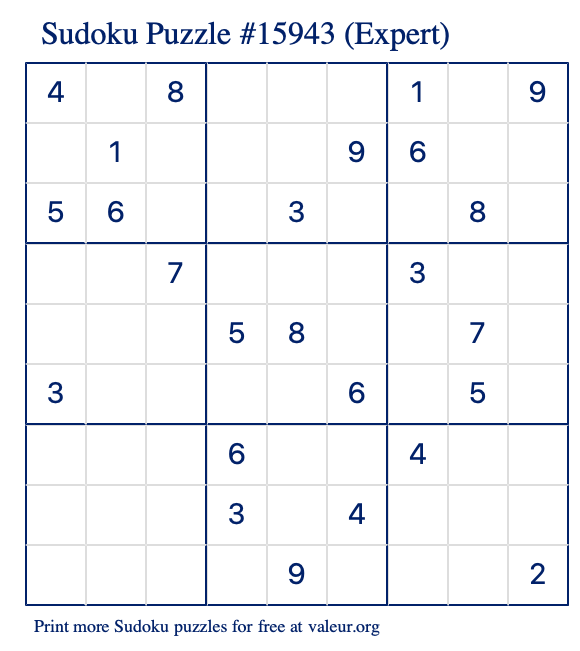 Free Printable Expert Sudoku Puzzle number 15943