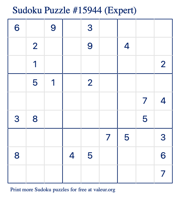 Free Printable Expert Sudoku Puzzle number 15944