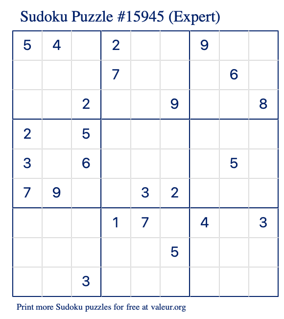 Free Printable Expert Sudoku Puzzle number 15945