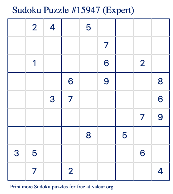 Free Printable Expert Sudoku Puzzle number 15947