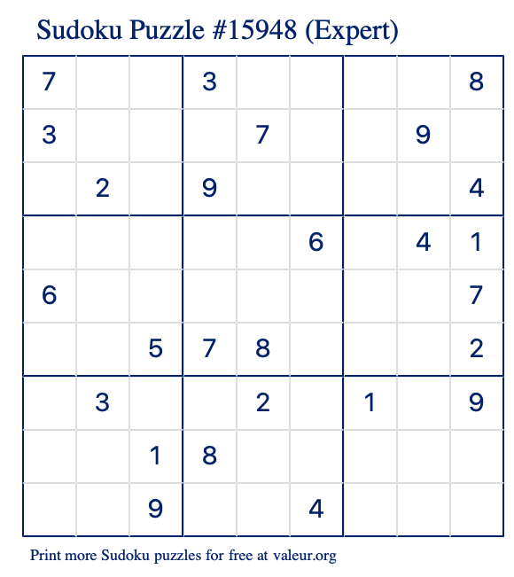 Free Printable Expert Sudoku Puzzle number 15948