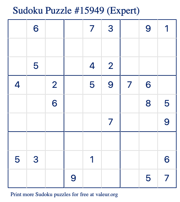 Free Printable Expert Sudoku Puzzle number 15949