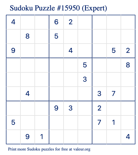 Free Printable Expert Sudoku Puzzle number 15950