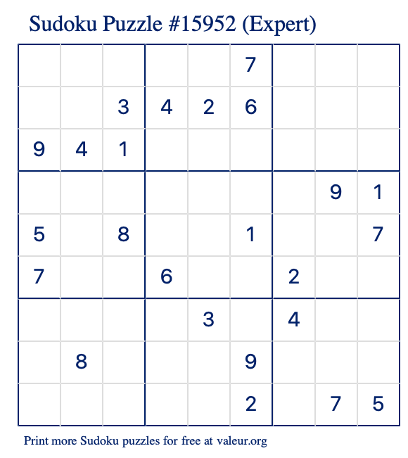 Free Printable Expert Sudoku Puzzle number 15952