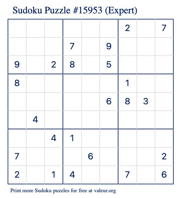 Free Printable Expert Sudoku Puzzle number 15953