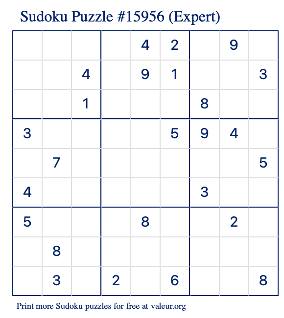 Free Printable Expert Sudoku Puzzle number 15956