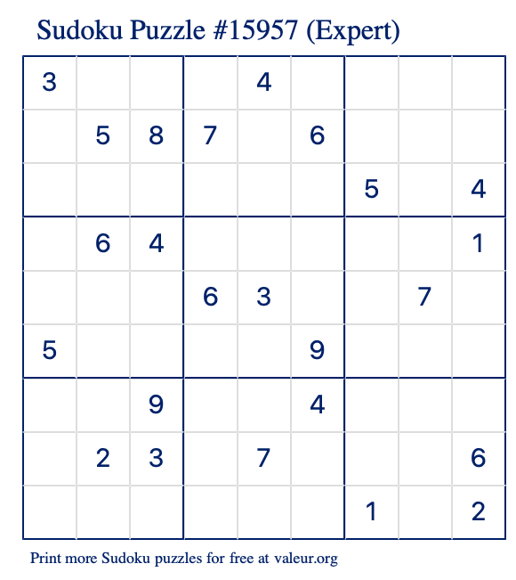 Free Printable Expert Sudoku Puzzle number 15957