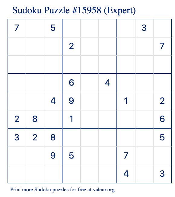 Free Printable Expert Sudoku Puzzle number 15958