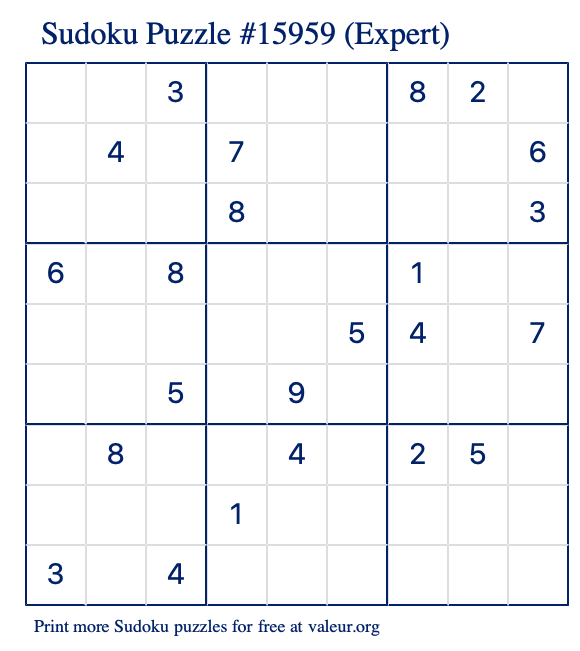 Free Printable Expert Sudoku Puzzle number 15959