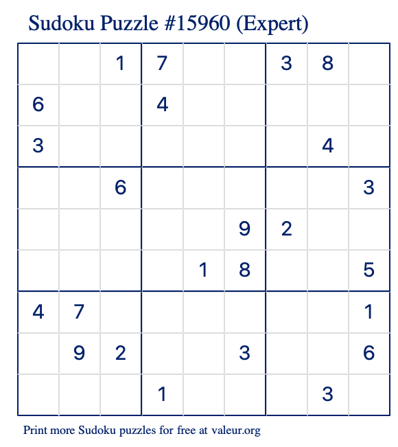 Free Printable Expert Sudoku Puzzle number 15960