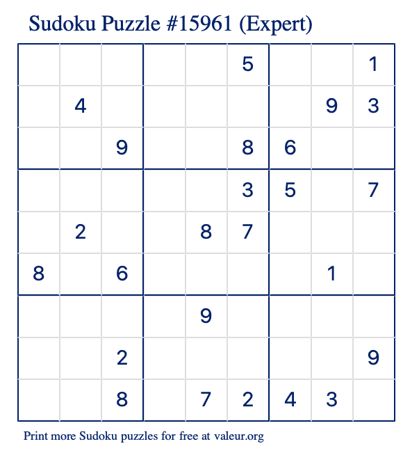 Free Printable Expert Sudoku Puzzle number 15961