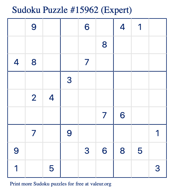 Free Printable Expert Sudoku Puzzle number 15962