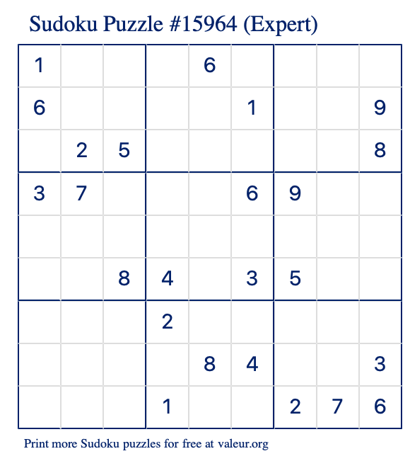 Free Printable Expert Sudoku Puzzle number 15964