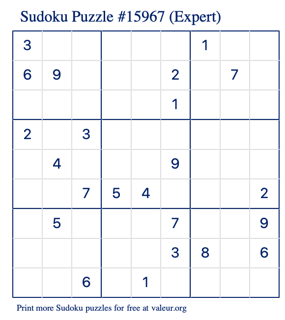 Free Printable Expert Sudoku Puzzle number 15967