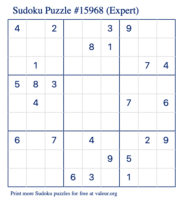 Free Printable Expert Sudoku Puzzle number 15968