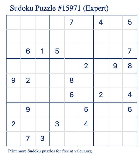 Free Printable Expert Sudoku Puzzle number 15971