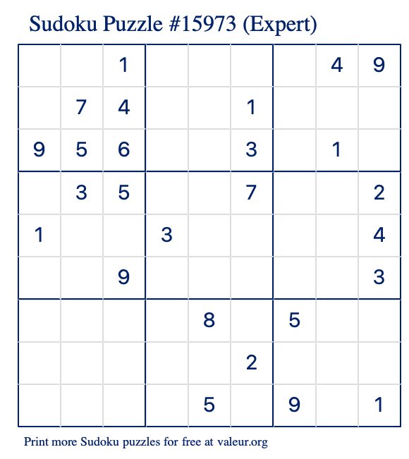 Free Printable Expert Sudoku Puzzle number 15973