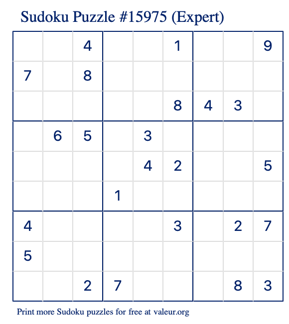 Free Printable Expert Sudoku Puzzle number 15975