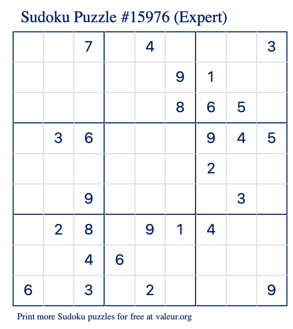 Free Printable Expert Sudoku Puzzle number 15976