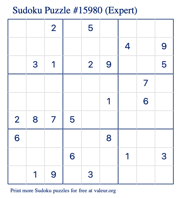 Free Printable Expert Sudoku Puzzle number 15980