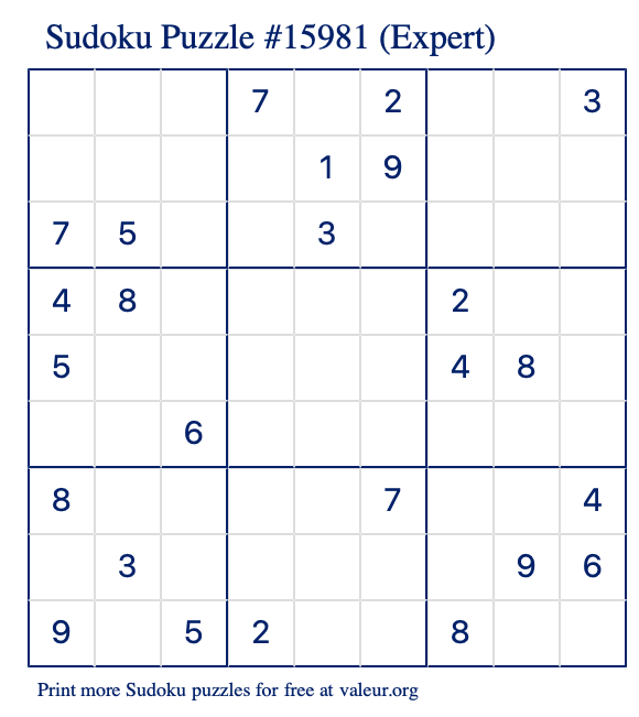 Free Printable Expert Sudoku Puzzle number 15981